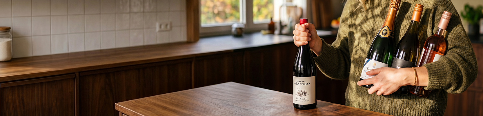 Frau mit vier Weinen in einer Küche
