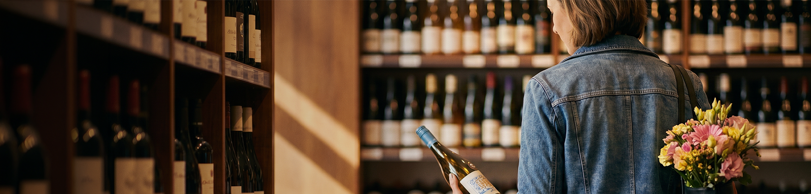 Person vor einem Weinregal