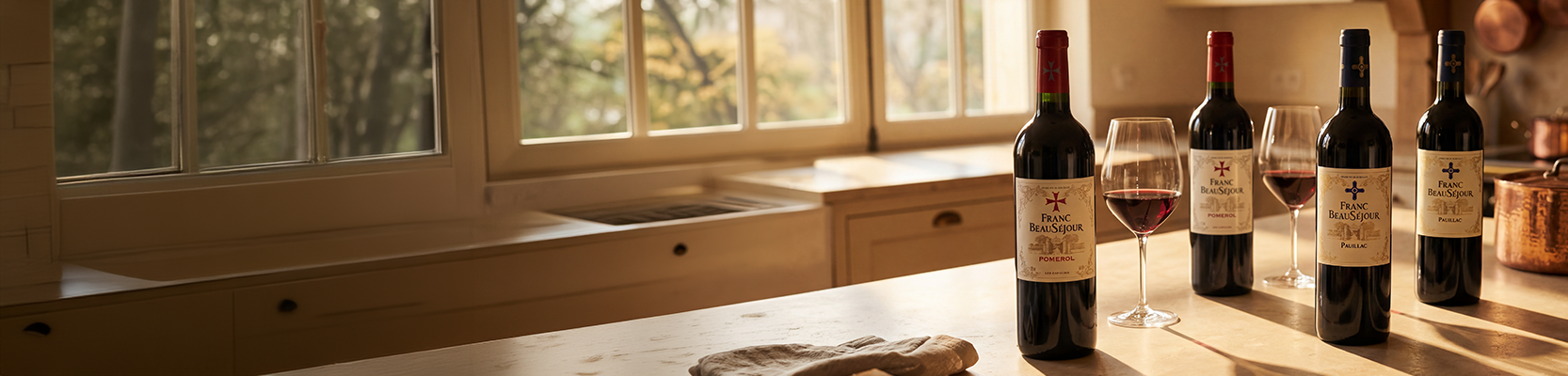 Vier Flaschen Rotwein mit zwei Weingläsern in einer Küche auf hölzerner Arbeitsplatte