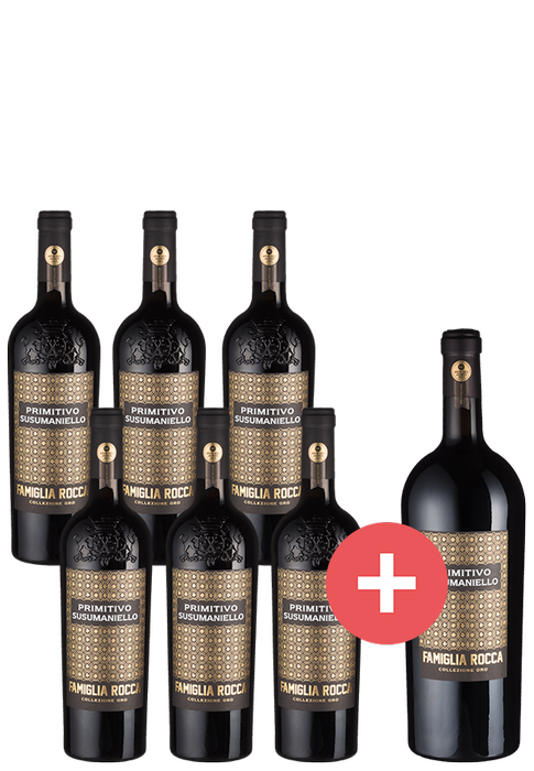6er-Paket Famiglia Rocca Primitivo Susumaniello Collezione Oro + GRATIS Magnum