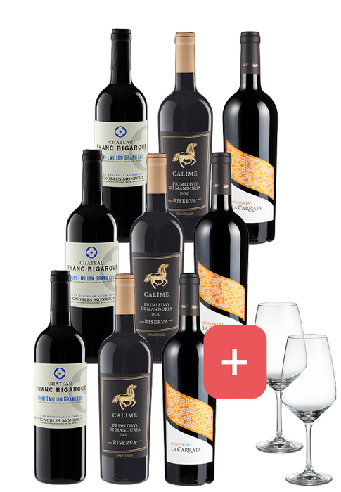 9er-Paket Rotweine für besondere Abende + 2er Set Schott-Zwiesel Gläser