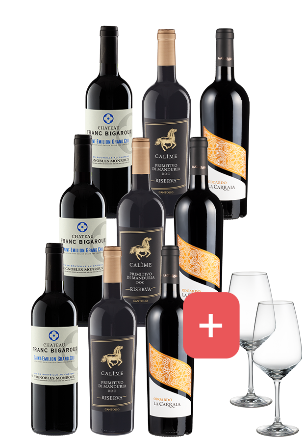 9er-Paket Rotweine für besondere Abende + 2er Set Schott-Zwiesel Gläser
