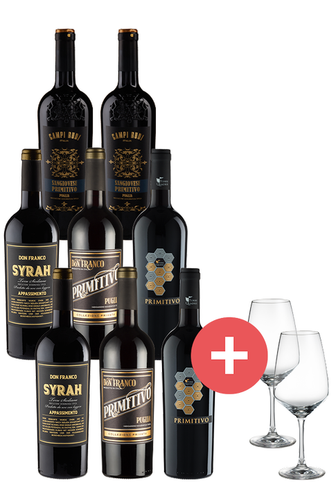 8er-Paket italienische Rotwein-Highlights + GRATIS Gläser