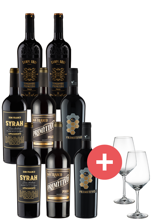 8er-Paket italienische Rotwein-Highlights + GRATIS Gläser