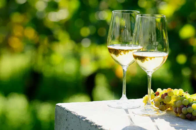 Zwei Weißweingläser neben Trauben