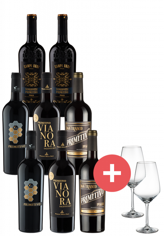 8er-Primitivo-Entdeckerpaket inkl. 2er Set Schott-Zwiesel Taste Gläser - Weinpakete - Weinfreunde