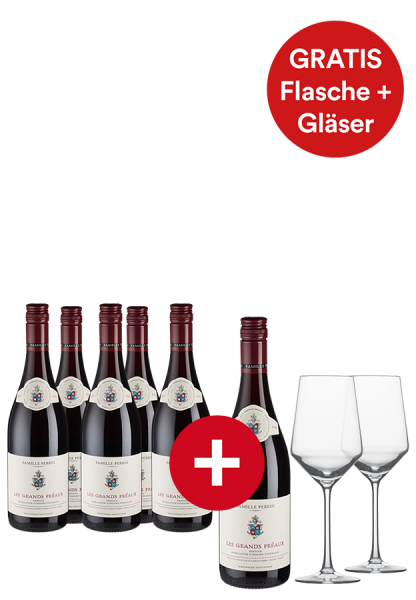 5+1-Paket Les Grands Préaux Famille Perrin inklusive 2 Schott Zwiesel Rotweingläser - Weinpakete