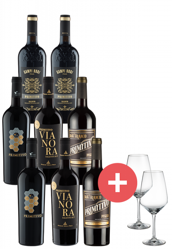 Image of 8er-Paket Primitivo Champions inkl. 2er Set Schott-Zwiesel Gläser - Weinpakete