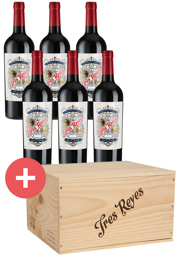 6er-Holzkiste Tres Reyes Tempranillo-Syrah 2021